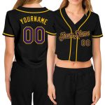 Custom Black Purple Gold V-Neck Cropped Womens Baseball Jersey Custom Women's Black Purple-Gold V-Neck Cropped Baseball Jersey