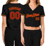 Custom Black Red Gold Womens V-Neck Cropped Baseball Jersey Custom Women's Black Red-Gold V-Neck Cropped Baseball Jersey