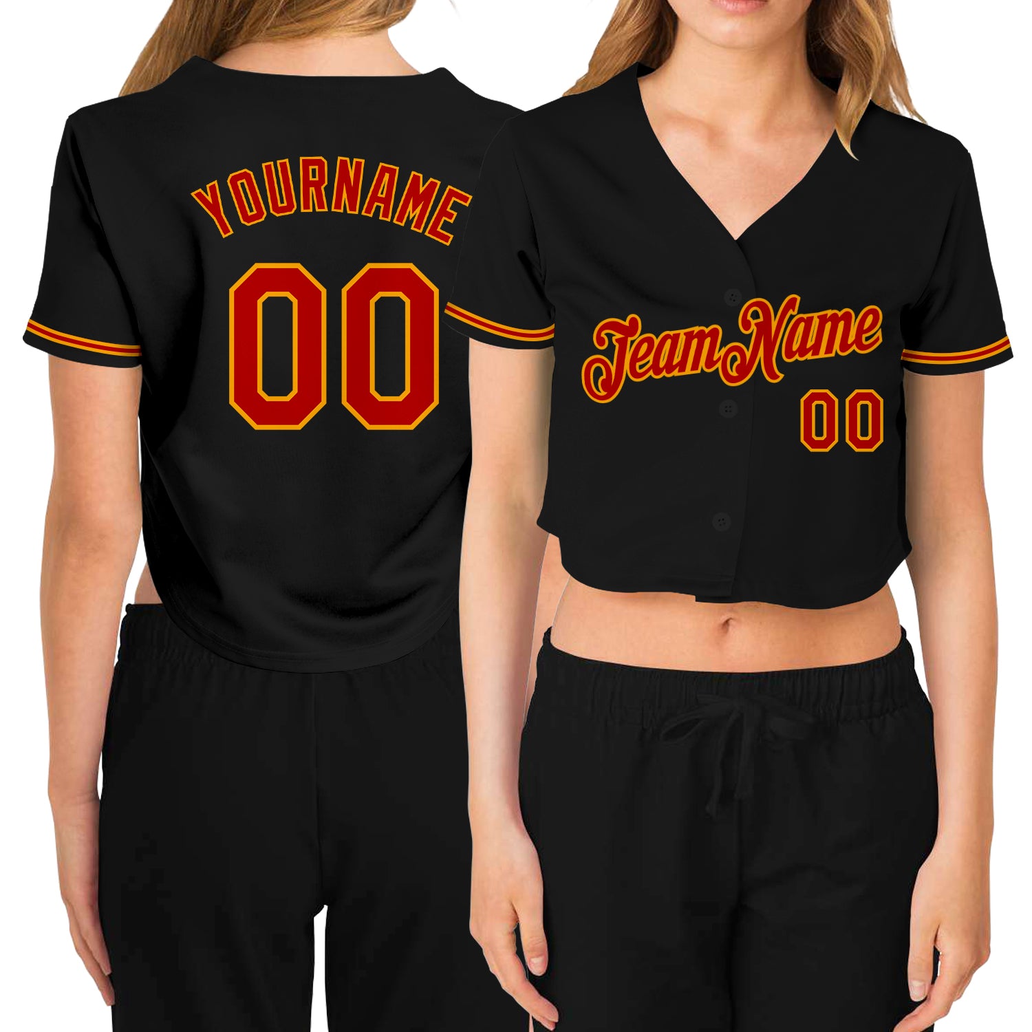Custom Women's Black Red-Gold V-Neck Cropped Baseball Jersey Custom Black Red Gold Womens V-Neck Cropped Baseball Jersey Custom Women's Black Red-Gold V-Neck Cropped Baseball Jersey