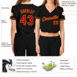 Custom Black Red Gold Womens V-Neck Cropped Baseball Jersey Custom Women's Black Red-Gold V-Neck Cropped Baseball Jersey
