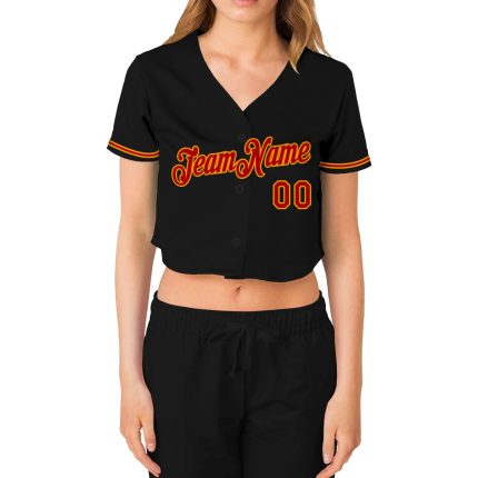 Custom Black Red Gold Womens V-Neck Cropped Baseball Jersey Custom Women's Black Red-Gold V-Neck Cropped Baseball Jersey