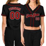 Custom Womens V-Neck Baseball Jersey in Black Red and White, Cropped Style Custom Women's Black Red-White V-Neck Cropped