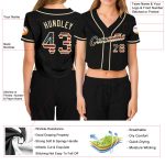 Custom Womens Black Vintage USA Flag V-Neck Cropped Baseball Jersey in Cream Custom Women's Black Vintage USA Flag-Cream