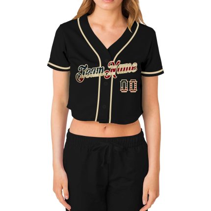 Custom Womens Black Vintage USA Flag V-Neck Cropped Baseball Jersey in Cream Custom Women's Black Vintage USA Flag-Cream