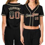 Custom Womens Black Vintage USA Flag V-Neck Cropped Baseball Jersey in Cream Custom Women's Black Vintage USA Flag-Cream