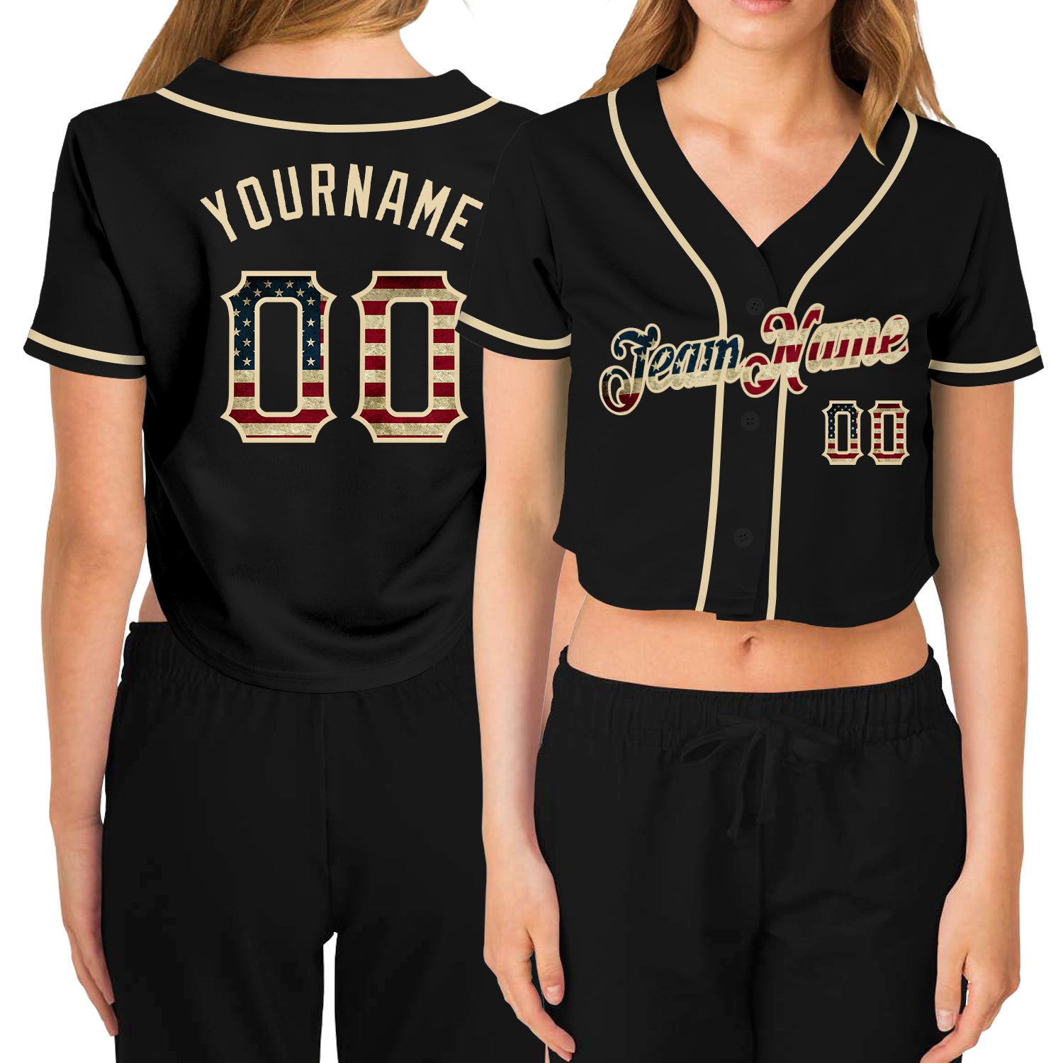 Custom Womens Black Vintage USA Flag V-Neck Cropped Baseball Jersey in Cream Custom Women's Black Vintage USA Flag-Cream
