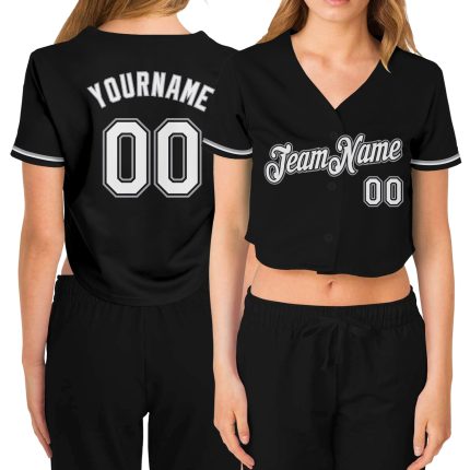 Custom Womens Black Gray White V-Neck Cropped Baseball Jersey Custom Women's Black White-Gray V-Neck Cropped Baseball Jersey