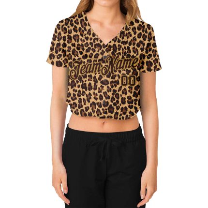 Custom Womens Leopard 3D V-Neck Baseball Jersey in Brown and Old Gold - Cropped Style Custom Women's Brown Brown-Old Gold