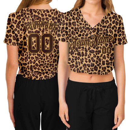 Custom Womens Leopard 3D V-Neck Baseball Jersey in Brown and Old Gold - Cropped Style Custom Women's Brown Brown-Old Gold