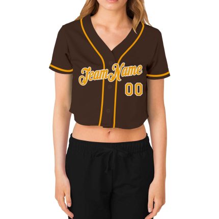 Custom Womens Brown Gold White Cropped V-Neck Baseball Jersey Custom Women's Brown Gold-White V-Neck Cropped Baseball Jersey
