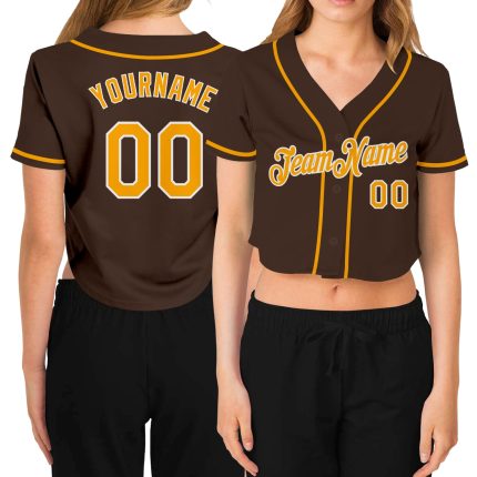 Custom Womens Brown Gold White Cropped V-Neck Baseball Jersey Custom Women's Brown Gold-White V-Neck Cropped Baseball Jersey