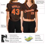 Custom Womens Baseball Jersey V-Neck Cropped Brown Orange-White Design Custom Women's Brown Orange-White V-Neck Cropped Baseball