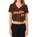 Custom Womens Baseball Jersey V-Neck Cropped Brown Orange-White Design Custom Women's Brown Orange-White V-Neck Cropped Baseball