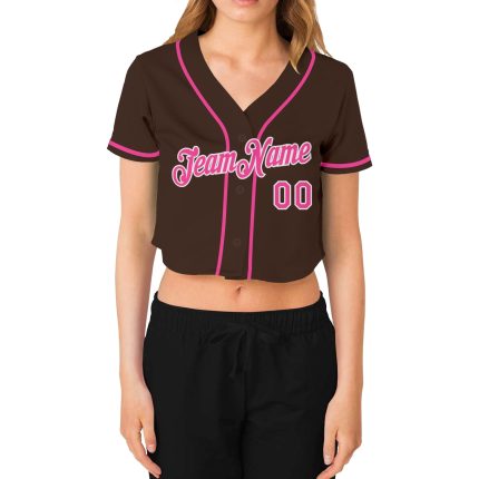 Custom Womens V-Neck Cropped Baseball Jersey in Brown Pink-White Custom Women's Brown Pink-White V-Neck Cropped Baseball