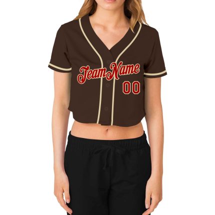 Custom Womens V-Neck Cropped Baseball Jersey in Brown Red-Cream Custom Women's Brown Red-Cream V-Neck Cropped Baseball Jersey