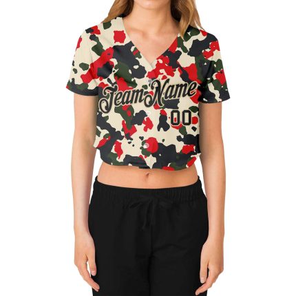 Custom Womens Black Cream Camo Salute to Service V-Neck Cropped Baseball Jersey Custom Women's Camo Black-Cream Salute To