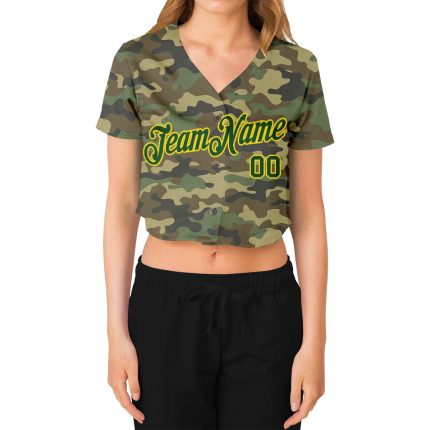 Womens Camo Green Gold Salute to Service V-Neck Cropped Baseball Jersey Custom Custom Women's Camo Green-Gold Salute To Service