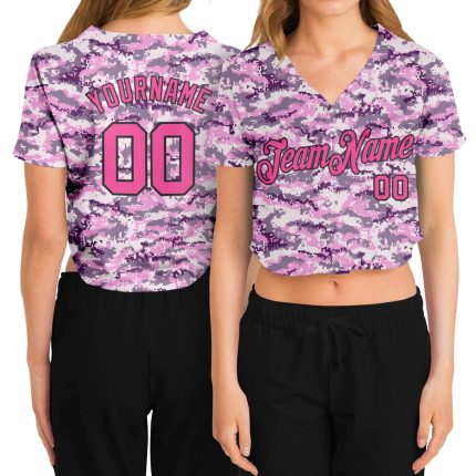Custom Womens Camo Jersey Pink Black V-Neck Cropped Baseball Salute to Service Custom Women's Camo Pink-Black Salute To Service