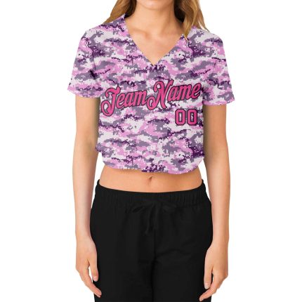 Custom Womens Camo Jersey Pink Black V-Neck Cropped Baseball Salute to Service Custom Women's Camo Pink-Black Salute To Service