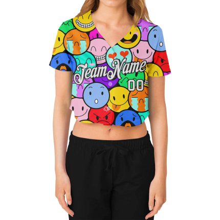 Colorful 3D Emoji V-Neck Cropped Baseball Jersey for Women - Custom White-Black Design Custom Women's Colorful White-Black