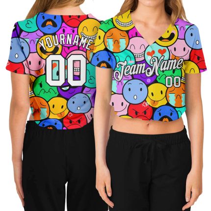 Colorful 3D Emoji V-Neck Cropped Baseball Jersey for Women - Custom White-Black Design Custom Women's Colorful White-Black