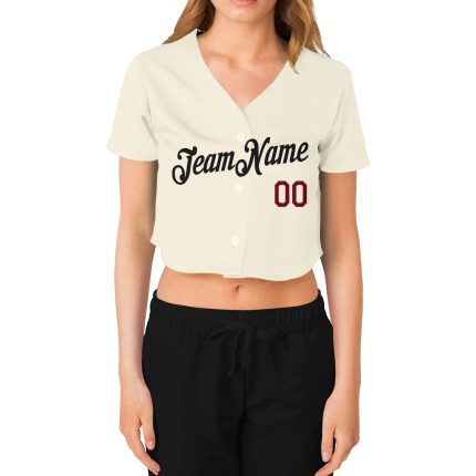 Custom Womens V-Neck Cropped Baseball Jersey - Cream Black Crimson Custom Women's Cream Black-Crimson V-Neck Cropped Baseball