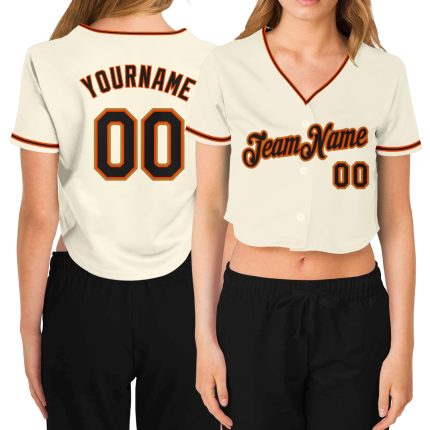 Custom Womens V-Neck Cropped Baseball Jersey in Cream Black Orange and Old Gold Custom Women's Cream Black Orange-Old Gold