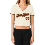 Custom Womens V-Neck Cropped Baseball Jersey in Cream Black Orange and Old Gold Custom Women's Cream Black Orange-Old Gold