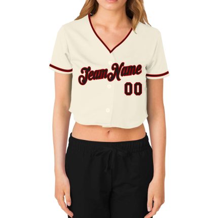 Custom Womens V-Neck Baseball Jersey - Cream Black Red Cropped Design Custom Women's Cream Black-Red V-Neck Cropped Baseball