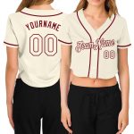 Custom Womens V-Neck Cropped Baseball Jersey in Cream and Crimson Custom Women's Cream Cream-Crimson V-Neck Cropped Baseball