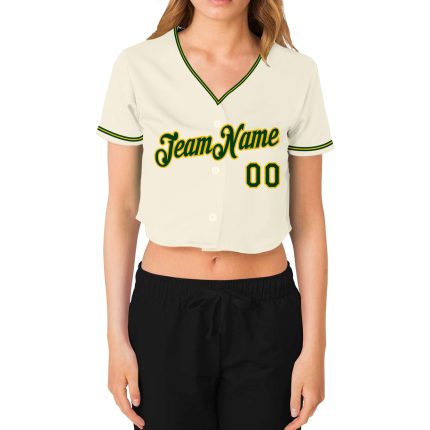 Custom Womens V-Neck Cropped Baseball Jersey in Cream Green and Gold Custom Women's Cream Green-Gold V-Neck Cropped Baseball