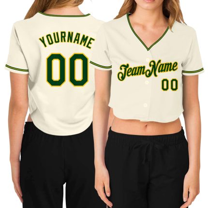 Custom Womens V-Neck Cropped Baseball Jersey in Cream Green and Gold Custom Women's Cream Green-Gold V-Neck Cropped Baseball