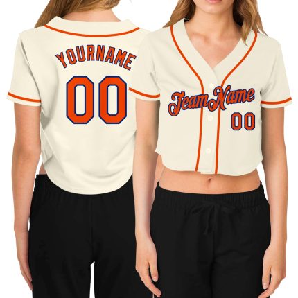 Custom Womens V-Neck Cropped Baseball Jersey in Cream Orange-Royal цвет Custom Women's Cream Orange-Royal V-Neck Cropped