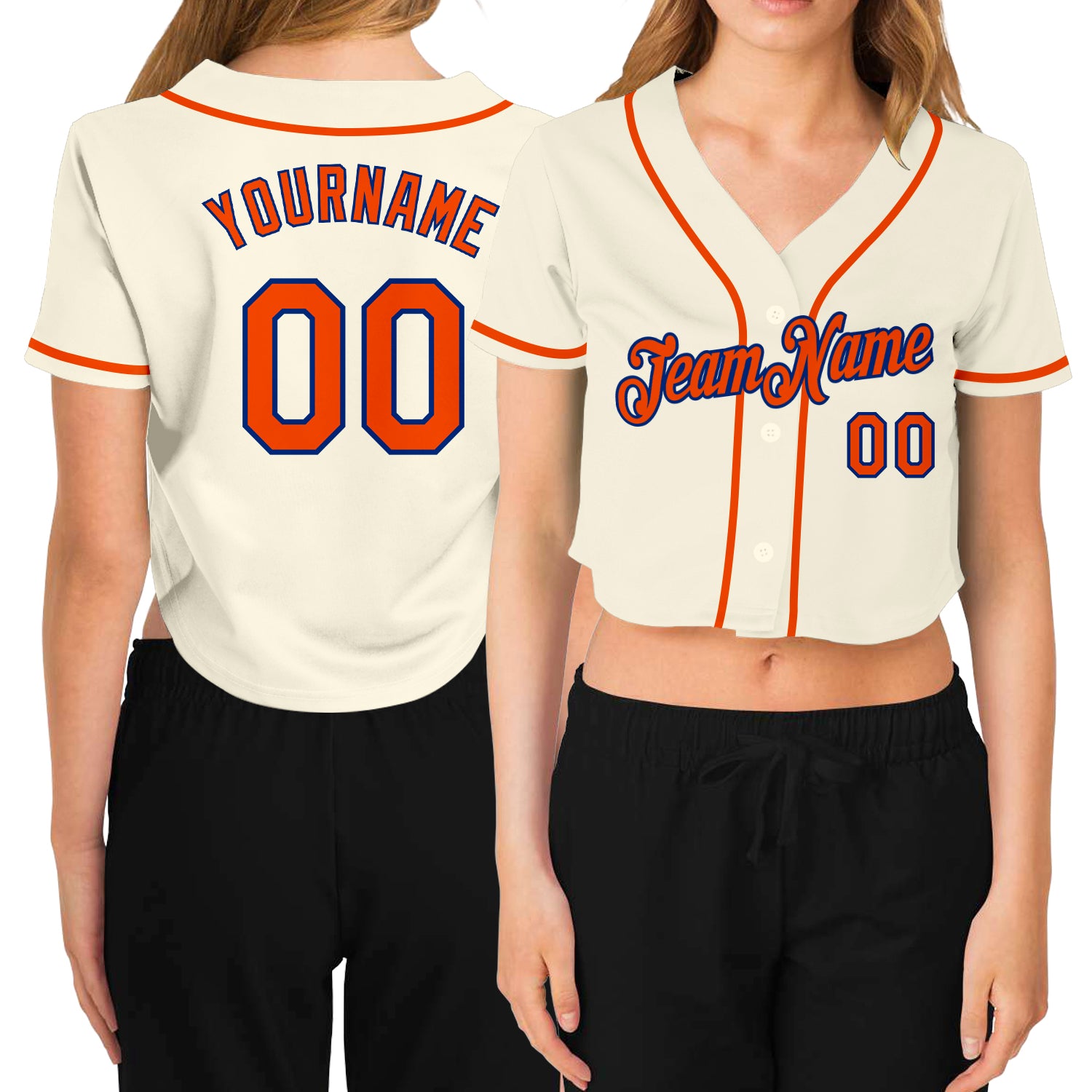 Custom Womens V-Neck Cropped Baseball Jersey in Cream Orange-Royal цвет Custom Women's Cream Orange-Royal V-Neck Cropped