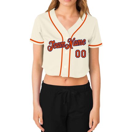 Custom Womens V-Neck Cropped Baseball Jersey in Cream Orange-Royal цвет Custom Women's Cream Orange-Royal V-Neck Cropped