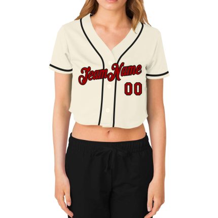 Womens Custom V-Neck Baseball Jersey in Cream Red-Black - Cropped Style Custom Women's Cream Red-Black V-Neck Cropped Baseball