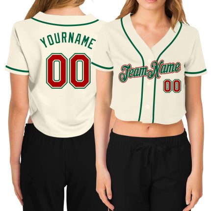 Womens Custom V-Neck Baseball Jersey in Cream Red and Kelly Green - Cropped Style Custom Women's Cream Red-Kelly Green V-Neck