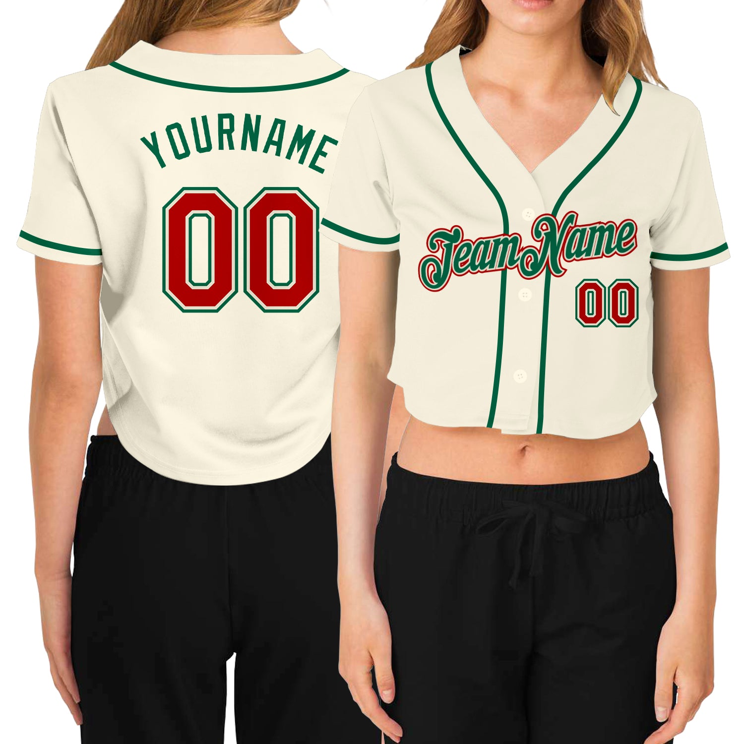 Womens Custom V-Neck Baseball Jersey in Cream Red and Kelly Green - Cropped Style Custom Women's Cream Red-Kelly Green V-Neck