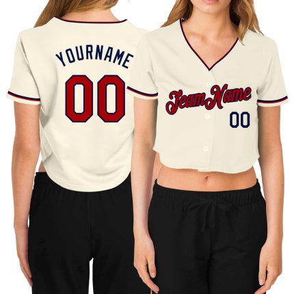 Custom Womens V-Neck Cropped Baseball Jersey in Cream Red-Navy Colors Custom Women's Cream Red-Navy V-Neck Cropped Baseball