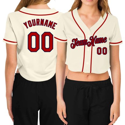 Custom Womens Cream Red-Navy V-Neck Cropped Jersey - Baseball Style 5544 Custom Women's Cream Red-Navy V-Neck Cropped Baseball
