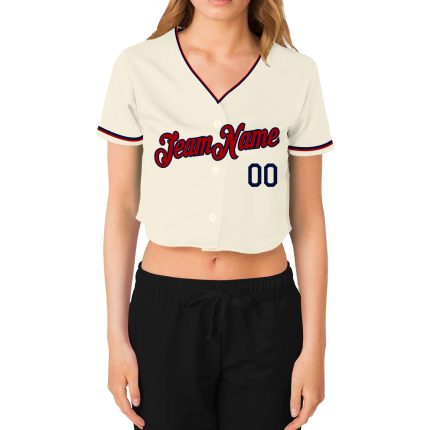 Custom Womens V-Neck Cropped Baseball Jersey in Cream Red-Navy Colors Custom Women's Cream Red-Navy V-Neck Cropped Baseball