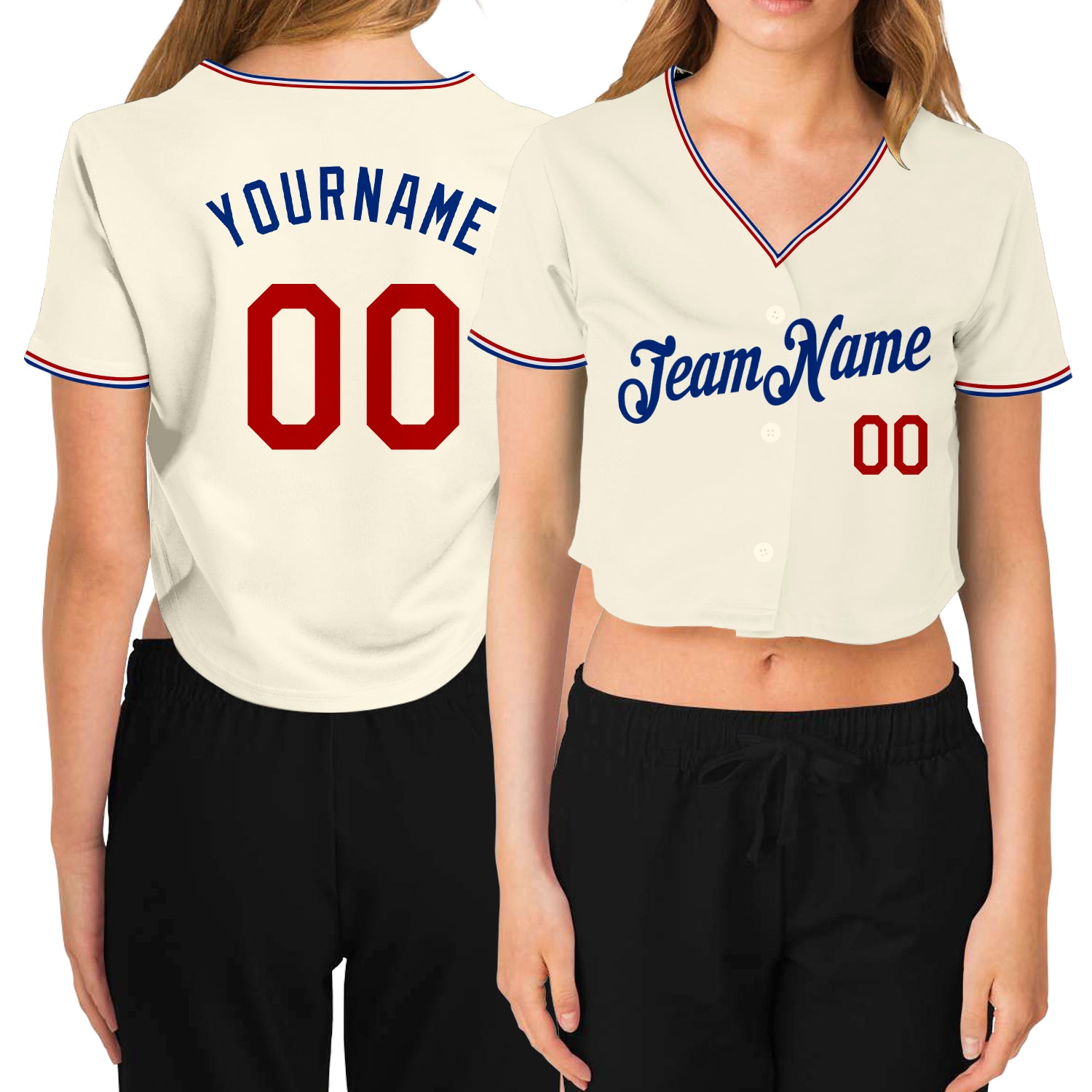 Womens Custom V-Neck Cropped Baseball Jersey in Cream Red-Royal Custom Women's Cream Red-Royal V-Neck Cropped Baseball Jersey