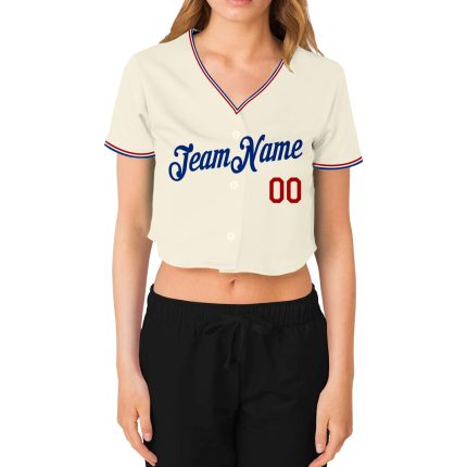 Womens Custom V-Neck Cropped Baseball Jersey in Cream Red-Royal Custom Women's Cream Red-Royal V-Neck Cropped Baseball Jersey