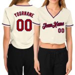 Custom Womens V-Neck Baseball Jersey Cream Red-Royal Style 7693, Cropped Design for Casual Wear Custom Women's Cream Red-Royal