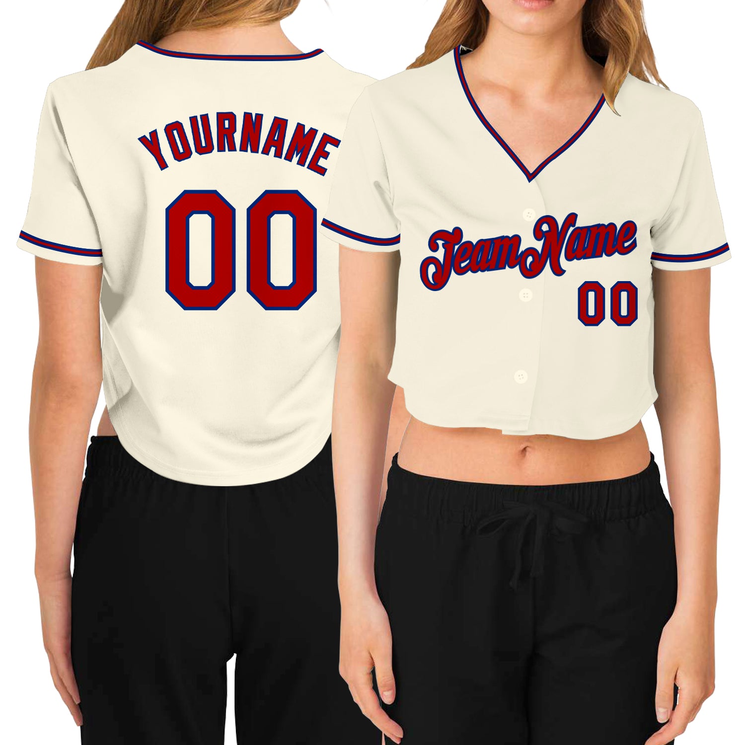 Custom Women's Cream Red-Royal V-Neck Cropped Baseball Jersey Style 7693 Custom Womens V-Neck Baseball Jersey Cream Red-Royal Style 7693, Cropped Design for Casual Wear Custom Women's Cream Red-Royal