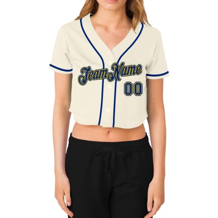 Custom Womens Cream Gold V-Neck Cropped Baseball Jersey in Royal Gold Custom Women's Cream Royal-Gold V-Neck Cropped Baseball
