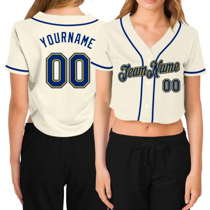 Custom Womens Cream Gold V-Neck Cropped Baseball Jersey in Royal Gold Custom Women's Cream Royal-Gold V-Neck Cropped Baseball