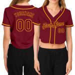 Custom Womens Crimson Gold V-Neck Cropped Baseball Jersey - Stylish Sportswear Top Custom Women's Crimson Crimson-Gold V-Neck