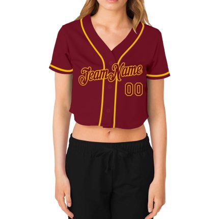 Custom Womens Crimson Gold V-Neck Cropped Baseball Jersey - Stylish Sportswear Top Custom Women's Crimson Crimson-Gold V-Neck