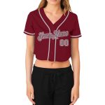 Custom Womens V-Neck Baseball Jersey in Crimson Gray-White, Cropped Design for Stylish Sportswear Custom Women's Crimson